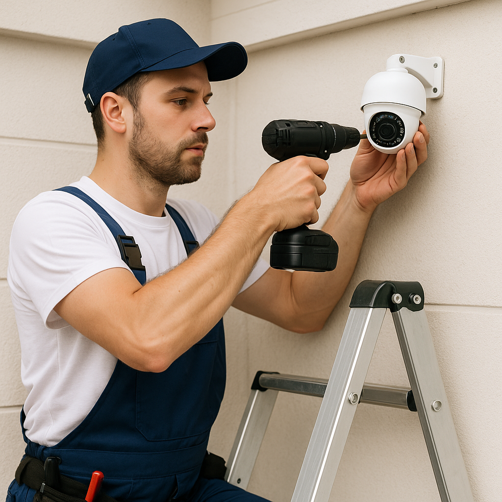 Installateur en train de poser une caméra de surveillance